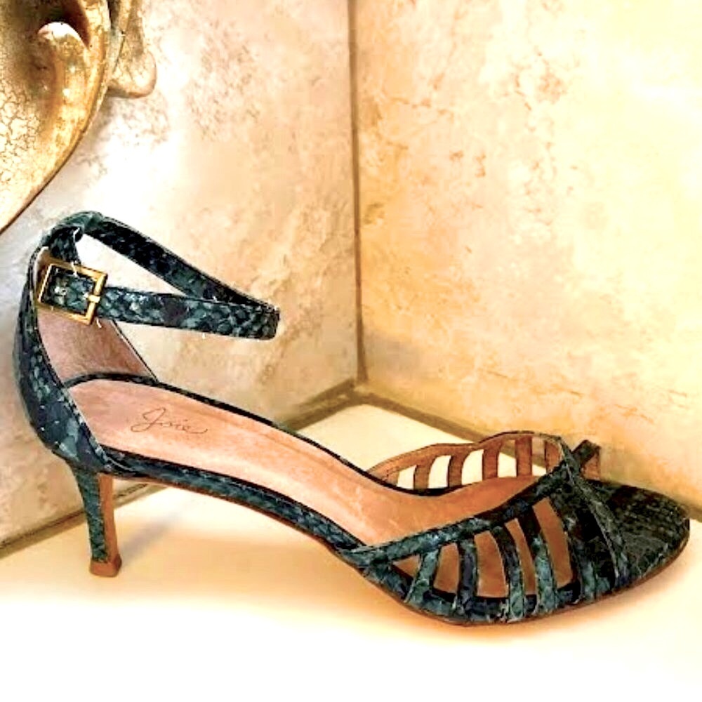 New JOIE Caged Open-toe Sandal Pumps Emerald Snakeskin Leather Kitten Heel 7 - Picture 4 of 11